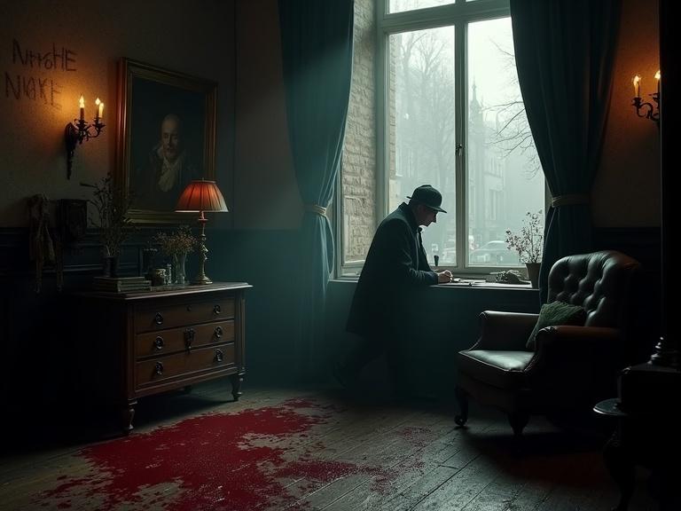 Dimly lit Victorian study interior. Sherlock Holmes character leaning over floor with blood stains. The word RACHE is scrawled on the wall. Foggy London streets visible outside. Horse-drawn carriages appear in the background. Room filled with pipe smoke and a tense atmosphere of mystery.