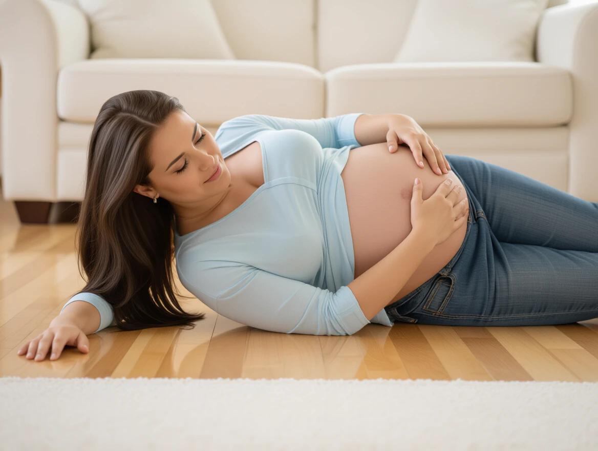 Heavy pregnant belly resting on the floor Woman lying comfortably on hardwood floor Soft light creates a warm atmosphere Big belly shows pregnancy news