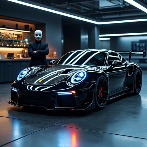 A high-resolution image shows a futuristic concept car resembling a Porsche 911 GT3 RS. It features a sleek metallic black color with bright red brakes and illuminated blue LEDs. The design includes sharp lines and carbon fiber elements. The scene depicts a secret underground lair with advanced technology and precious jewels, creating a dangerous luxury atmosphere.