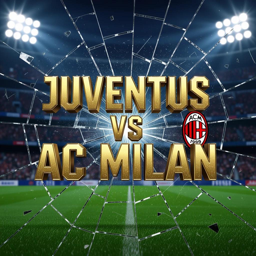 Dynamic 3D match announcement card for Juventus versus AC Milan. Shimmering golden text with shattered glass background. Stadium lights illuminate the dark atmosphere. High-energy and dramatic style.