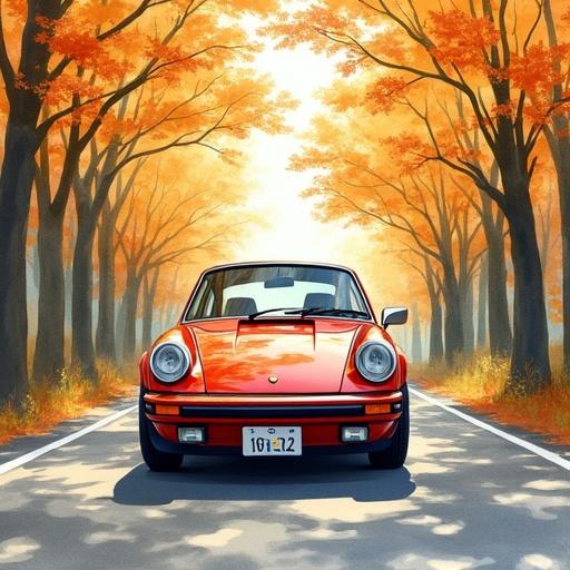 Semi-realistic watercolor illustration showing a 1970s Porsche 911 parked on a curvy tree-lined road in autumn. Car is deep red with black wheels and chrome bumpers. Golden light filters through trees, creating soft shadows on the pavement. No branding, Japanese license plate visible.