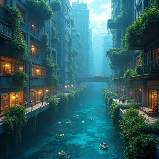 Futuristic cityscape depicting affordable housing and urban living. Submerged arcade with neon lights. Narcissus river flows between buildings. Floating apartment complexes for low-income families. Pneumatic tube transport visible in the air.