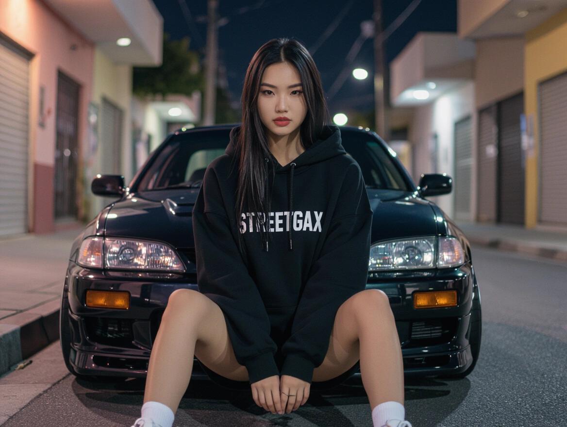Full-body fashion photo of a girl with natural skin texture and long straight black hair. She sits confidently on a modified car bumper at night. Background shows a Mexican urban neighborhood. Wearing a loose black hoodie with 'StreetGax', biker shorts, and chunky sneakers. Neon lighting adds mood.