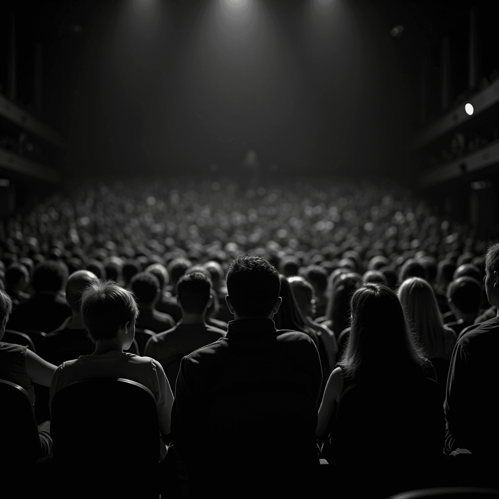 A large audience sits in a dark theater, focused on a distant stage.