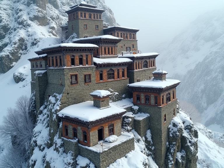 Aerial shot of Himalayan houses in snow on mountain range. Focus on tightly clustered multi-tiered stone structures. Show weathered slate roofs and intricately carved wooden lintels. Include prayer flags fluttering by. Capture the scene in soft light to showcase textures.