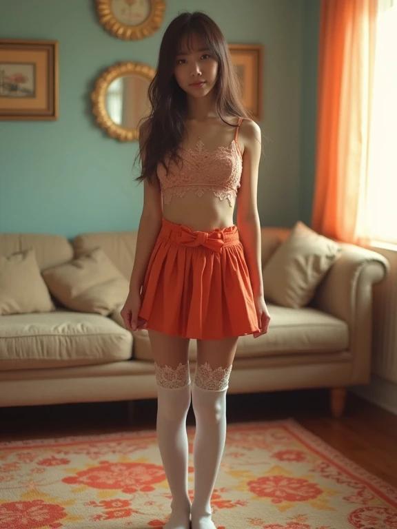 Model wearing a cropped top and a pleated mini skirt in a cozy living room. Bright and vibrant colors dominate the scene. Model stands confidently with thigh-high socks. Living room features colorful carpet. Soft light filters through window creating a warm atmosphere.
