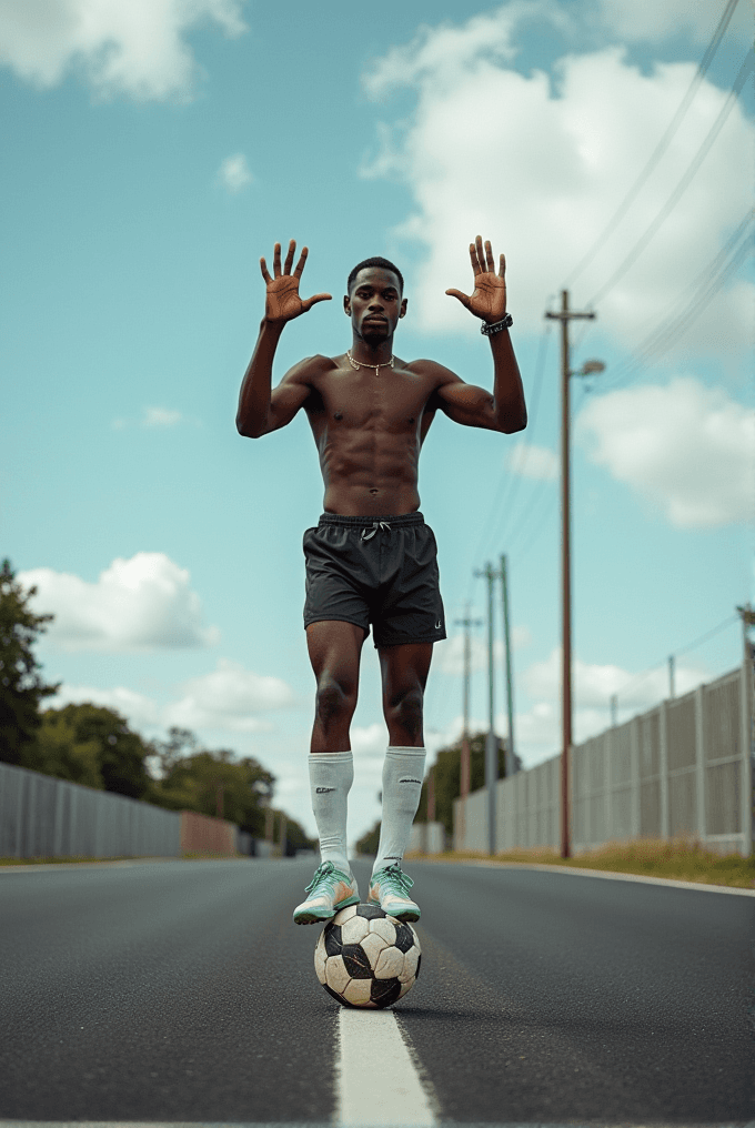 A shirtless man stands on a soccer ball on a deserted road, with his arms raised for balance.