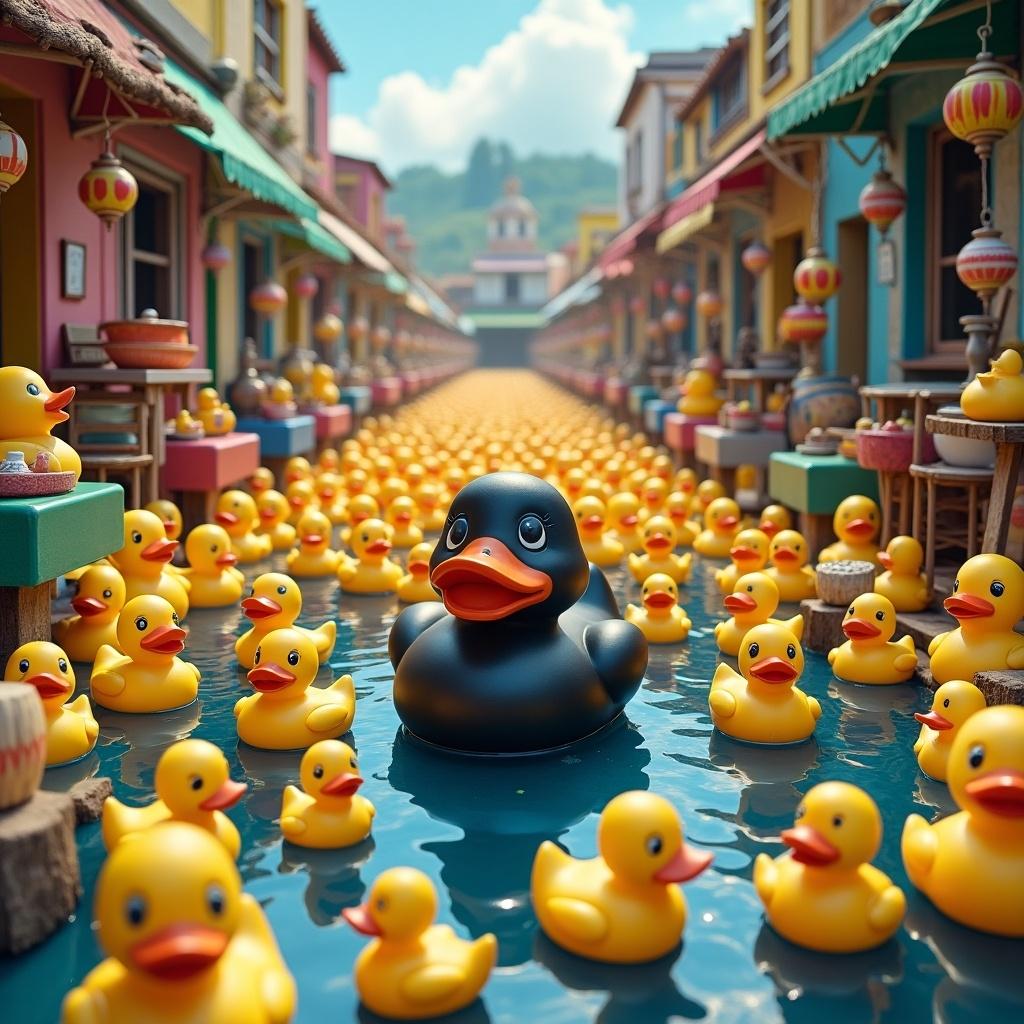 A colorful scene filled with rubber ducks. One black rubber duck stands out among many yellow ducks. The setting resembles a vibrant market street with stalls. Bright daylight enhances the cheerful atmosphere.