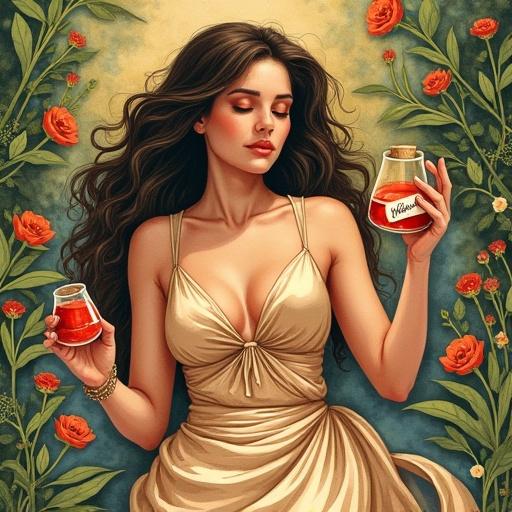 A stylized advertisement featuring a woman with an alluring figure enjoying meditation surrounded by wildflowers. She wears a flowing dress toasting a male partner with a glass of reddish herbal liqueur. The background has lush green plants and an apothecary bottle labeled 'ALFRUNO'. The scene is colorful and whimsical, evoking elegance and relaxation.