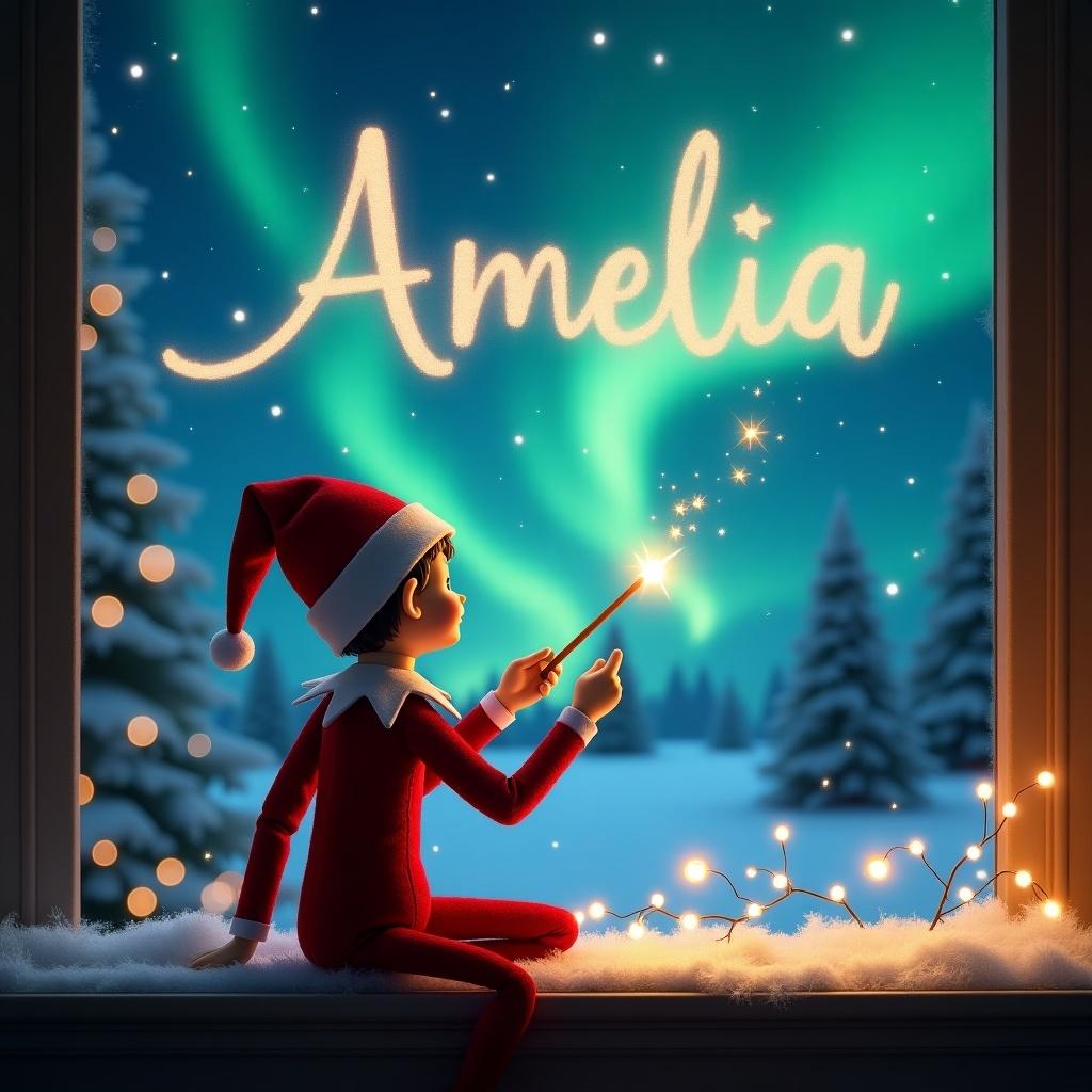 This image depicts an enchanting scene featuring an Elf on the Shelf with his back to the viewer. He is sitting on a window ledge, gazing out at the sky. The elf is using a magic wand to elegantly write the name 'Amelia' amidst sparkling stars. The background showcases a magical Christmas landscape, complete with shimmering northern lights and snow-covered trees. Soft fairy lights adorn the window, adding to the winter wonderland atmosphere. This scene captures the essence of holiday magic and childlike wonder.