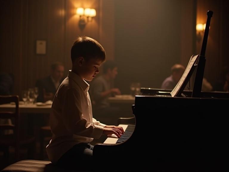 Child in white sitting at a piano in a dark restaurant. Lights create a warm ambiance as he plays. Guests enjoy their meals in the background.