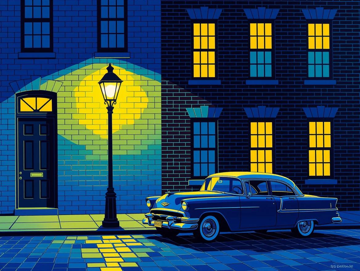 A vintage car parked alongside a New York brick building at night. Illuminated by a yellow street lantern. Ethereal abstract style. Color palette includes flat blue and yellow. 3D view.