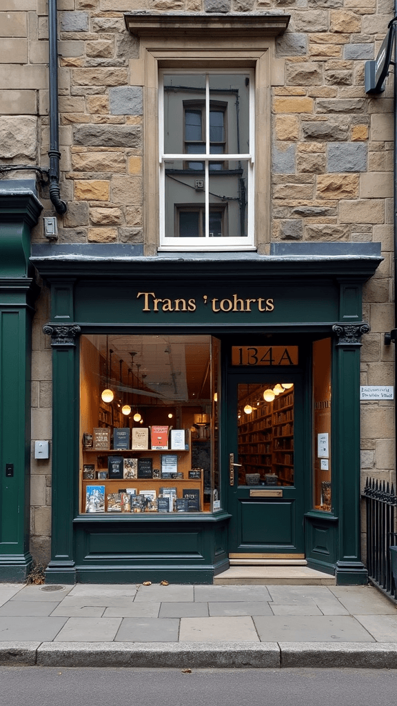 A quaint bookstore with a dark green wooden facade and warm interior lighting, displaying an inviting window shelf filled with books.