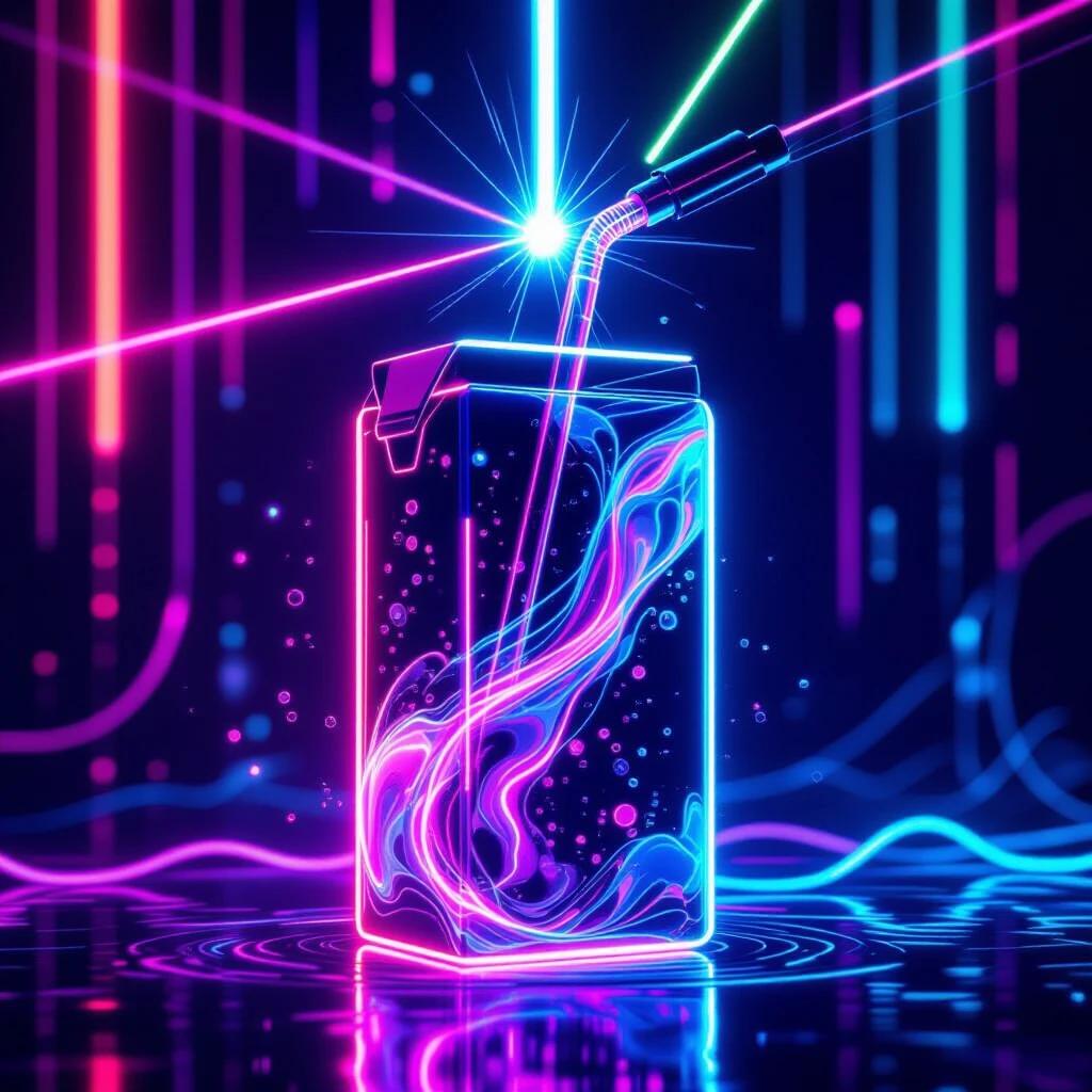 Futuristic juice box made of neon tubes with glowing liquid and laser straw. Style is cyberpunk and synthwave with vibrant colors.