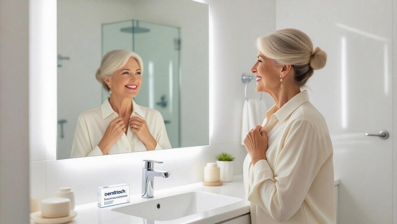 Senior woman adjusts blouse in front of bright bathroom mirror. She smiles with pride. Denttach adhesive on sink. Clean, minimalist bathroom with white and pastel tones.