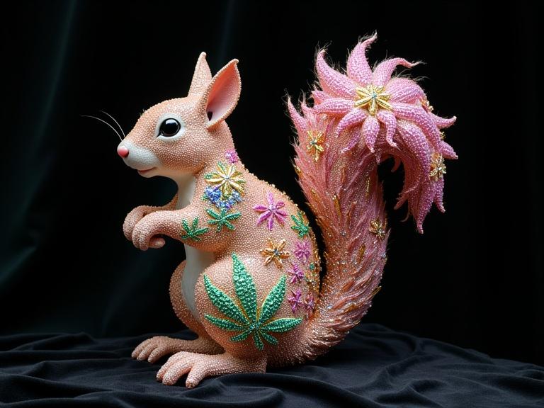 Hyperrealistic sculpture of a squirrel covered in crystals and cannabis leaf patterns against a black velvet backdrop. The squirrel stands playfully sparkling with gemstones in pink, green, gold, and violet.