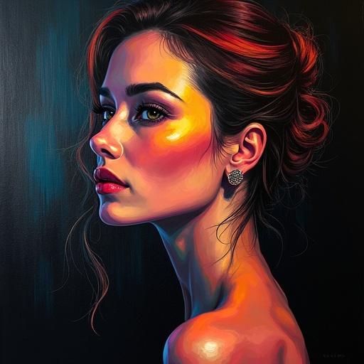 Semi-realistic painting of a woman with abstract bold rectangular long brush strokes. Multicolored dynamic right lighting illuminates the subject. Dark vanta black background highlights the woman in the foreground.