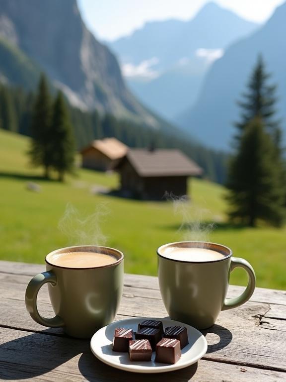 Serene alpine setting with two mugs of coffee and a plate of chocolates on a rustic wooden table. Backdrop features majestic mountains and green meadows.