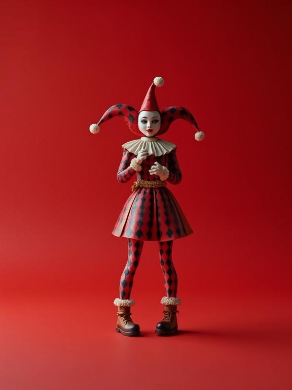 Miniature female harlequin figure arranged in a surreal Droste effect on a red background. Hyper-realistic rendering with soft natural lighting. Shallow depth of field highlights ultra-detailed textures and photorealism in a cinematic composition.