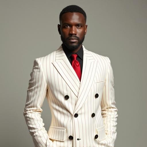 Man dressed in a white double-breasted suit with red pinstripes. Passport photo size.