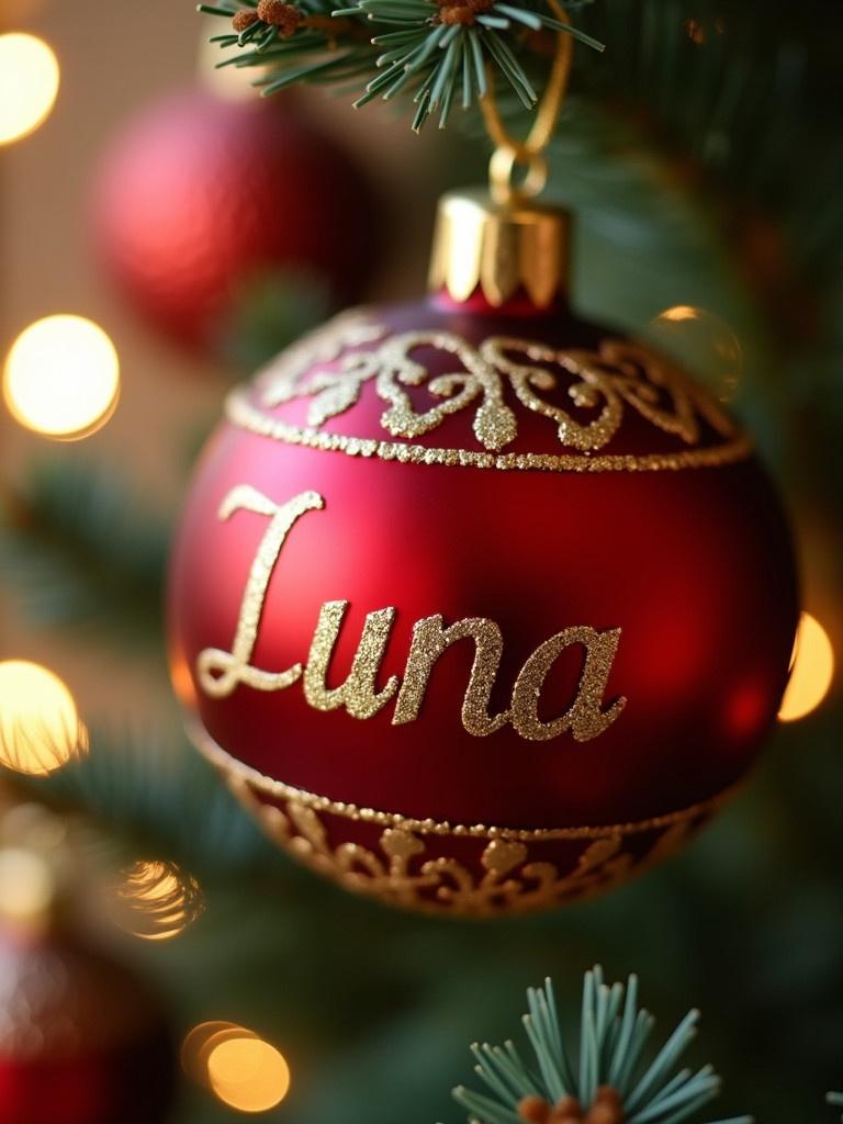 Close-up of a Christmas bauble. Red ornament with gold decorations. Name 'Luna' displayed prominently. Blurred festive lights in background.