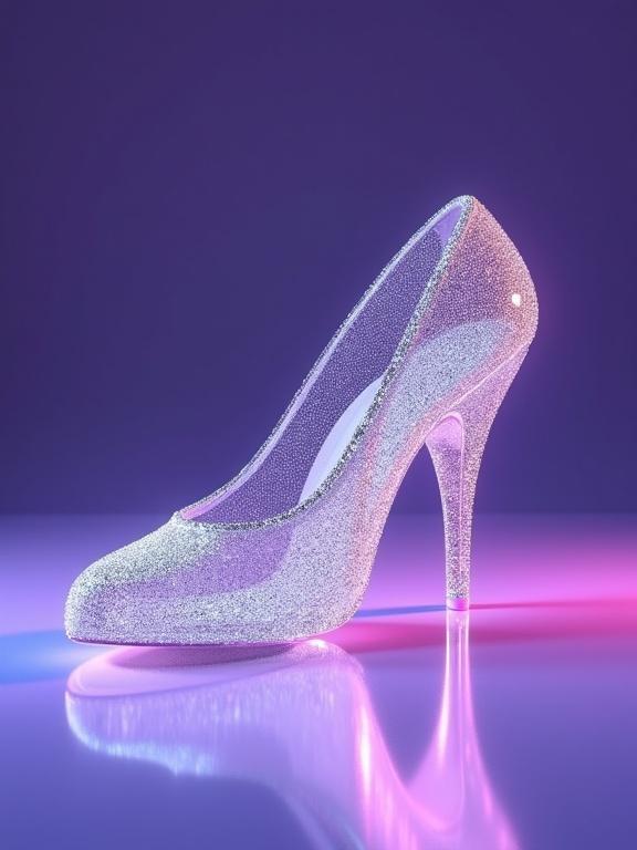 Surrealistic image of a crystal slipper covered completely with sparkling diamonds. The shoe has a high heel and is placed on a reflective surface. Background features soft purple gradients with shimmering effects. Art is inspired by pop art style and conveys minimalism. The lighting is dramatic and creates a hyperrealistic glow around the slipper.
