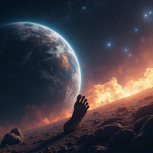 Detailed image of a space scene. View of Earth from space. Distant moon with blue and brown hues. Starry night sky with stars and nebulae. Foreground has a rocky meteorite shaped like a human foot. Smoky fire is visible in the background. Scene conveys movement and depth.