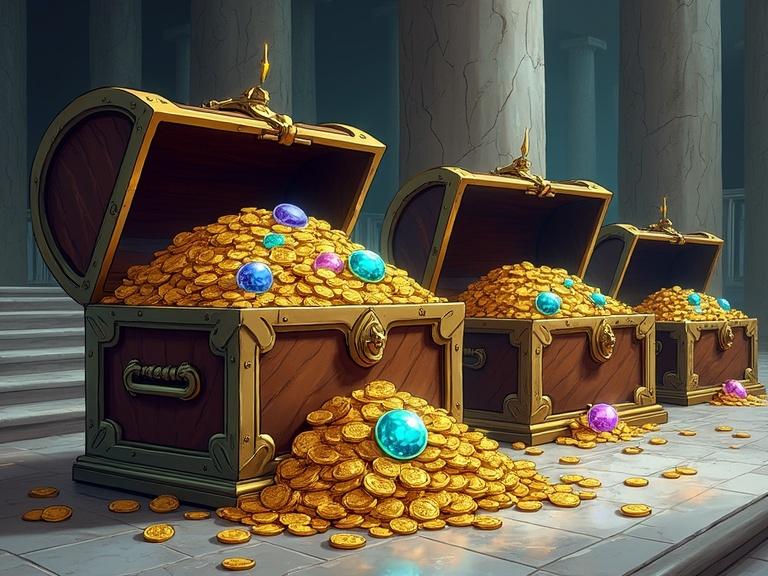 Several open treasure chests overflowing with coins and large gems on a marble floor in front of an altar. Realistic comic style.