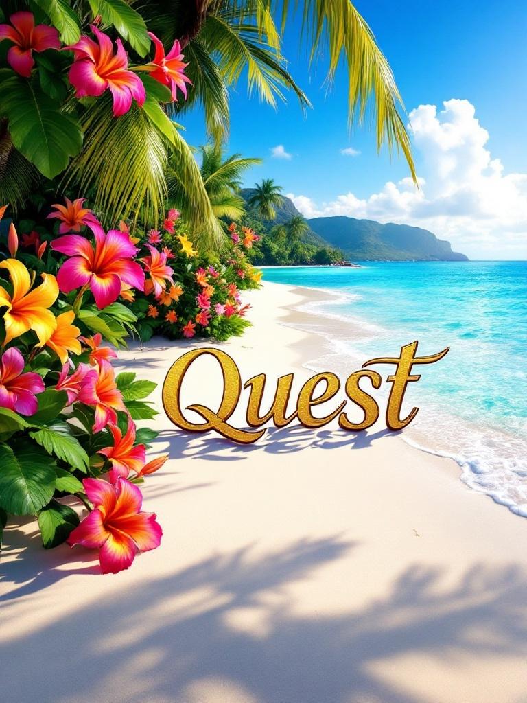 Captivating advertisement in a tropical paradise with Hawaiian flowers and a pristine beach. The crystal-clear Caribbean Sea merges with white sands. The word 'Quest' is artistically rendered in bold, elegant letters, symbolizing exploration and adventure.