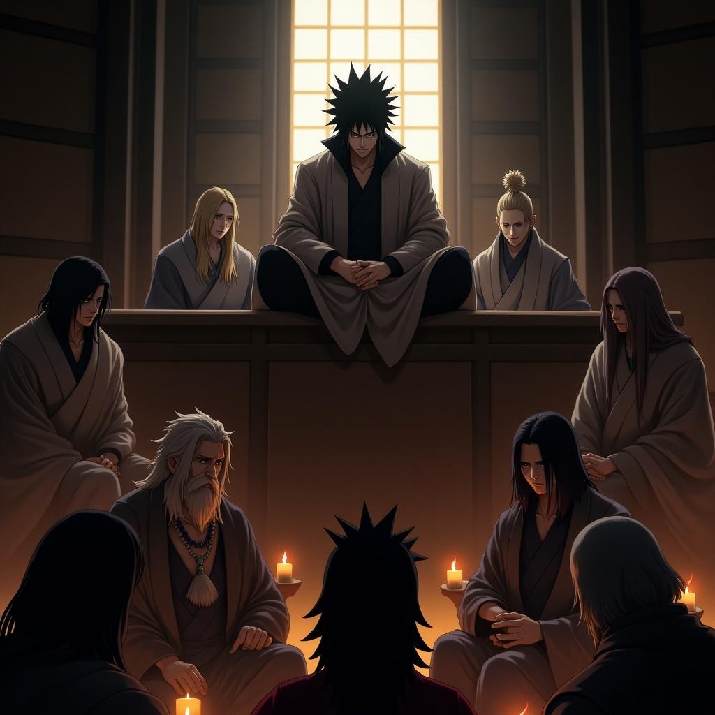 Madara Uchiha sits in a high position among Uchiha clan members. Members are arranged below him. The atmosphere is dark, illuminated by candlelight. Each character has distinct features and expressions. The setting feels traditional and contemplative.