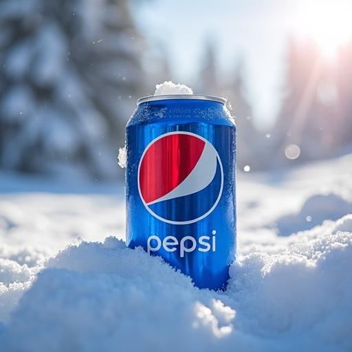 Pepsi can placed in a high-quality cinematic environment with a snow landscape, showcasing bright colors and natural lighting