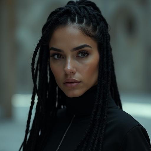 Highly detailed photorealistic cinematic portrait of a 30-year-old woman named Mara. She displays a mixture of Mexican and Iranian features. High cheekbones and intense dark eyes. Long black hair in intricate dreadlocks. Wears a seamless black high-tech jumpsuit for advanced spacefaring. Makeup-free with subtle signs of genetic manipulation. Dark, futuristic, minimalist aesthetic. Unnerving coldness and immense power aura. Background hints at cosmic space or virtual reality.