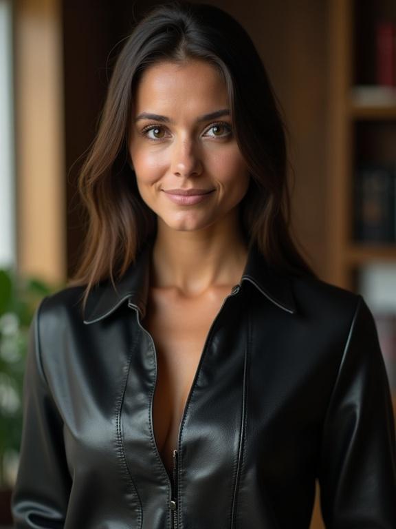 woman poses confidently dressed in a sleek black leather shirt. Room decor softly blurred in the background