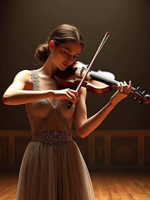 Female violinist elegantly dressed stands on stage. She passionately plays the violin. The atmosphere is enhanced by subtle lighting. The scene has realistic textures and a photorealistic quality. Inspired by the artistic style of Ash Thorp.
