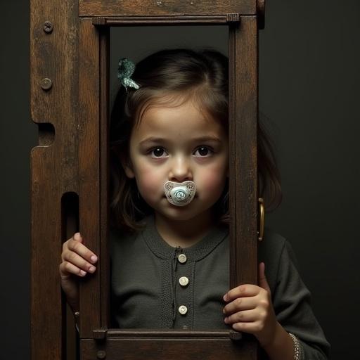 A girl around 10 years old holds onto a wooden guillotine structure. Her hands grasp the sides. She appears calm with a pacifier in her mouth. Parents are nearby offering comfort. The blade preparation is in focus. A somber historical moment is depicted.