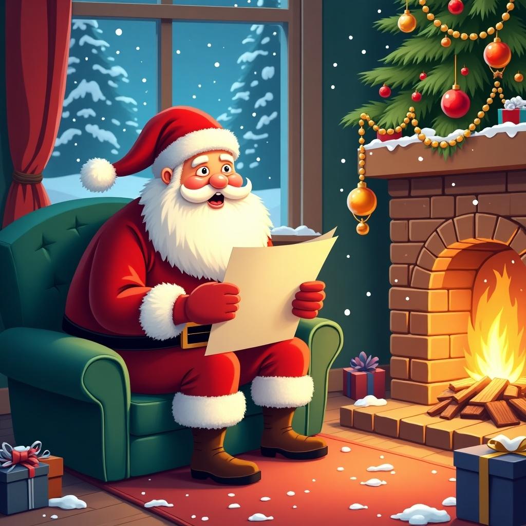 A jolly Santa Claus sits on a green chair reading a list. Decorated Christmas tree is nearby. Warm fire blazes in the fireplace. Gifts are placed around. Scene evokes joy and holiday spirit.