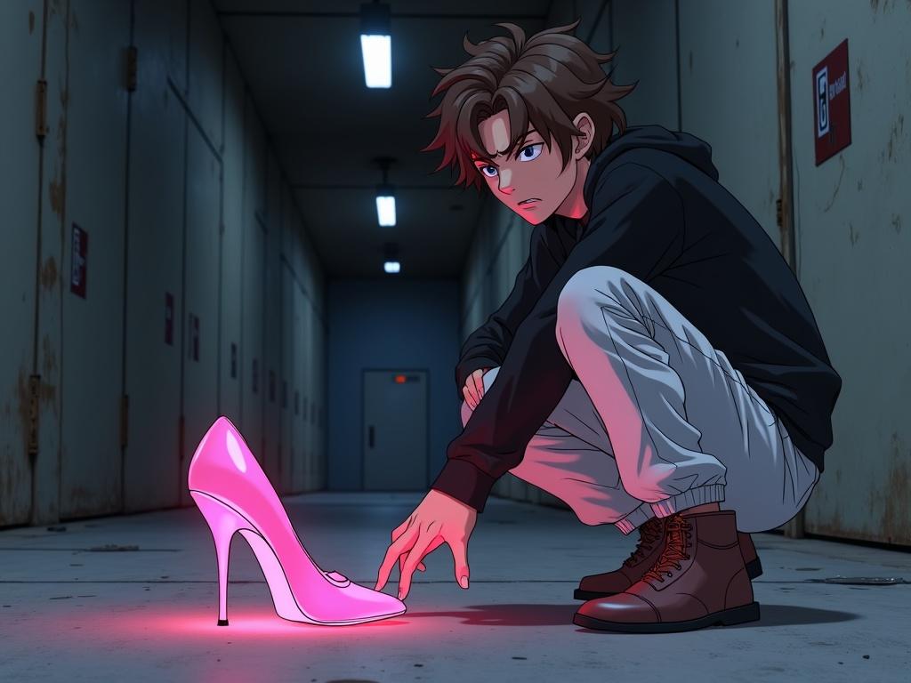 Anime character crouching on the floor in an abandoned facility. Character has wavy brown hair and a black sweatshirt with white cargo pants. Character reaches for glossy pink high-heel slippers glowing with unnatural sheen. Dark, rusted metal walls loom in the background, illuminated by flickering emergency lights.