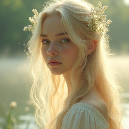 Semi-realistic portrait of a young ethereal woman. She has golden flowing hair and a serene expression. Delicate white wildflowers adorn her hair. Simple flowing garments woven from light. Misty lakeside at dawn with soft light.
