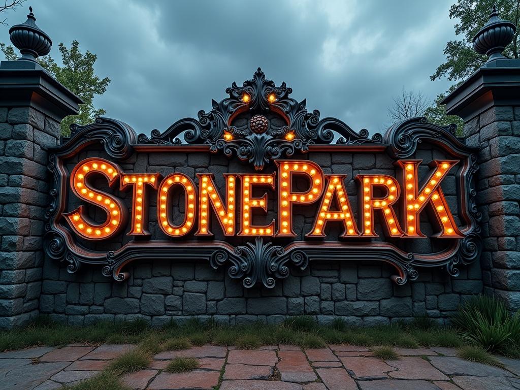 Large ornate sign with the word 'STONEPARK' made from intricate metal. Colorful elements catch the light and cast shadows on the stone wall. Dark cloudy sky creates a moody atmosphere.