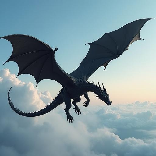 A black dragon soaring into the sky. The dragon has large wings and is depicted against a bright, cloudy background.