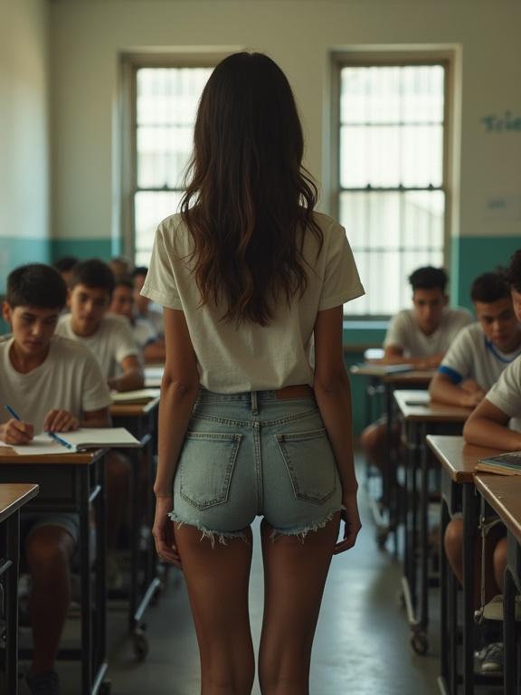 A woman stands in a classroom wearing short boot shorts. She is tutoring young men seated at desks. The setting depicts a juvenile detention environment. Students are engaged in learning activities. The atmosphere is educational yet casual.