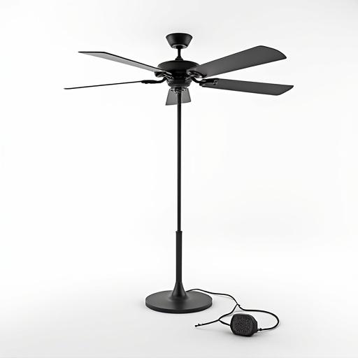 A black ceiling fan with a sturdy stand on a plain white background. The fan has five blades and comes with a corded electrical connection. The overall look is modern and minimalistic. It captures the essence of home comfort.