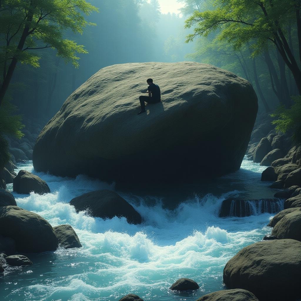 The scene depicts a tranquil yet dramatic natural setting. A lone figure sits on a large rock amidst a turbulent river. The water rushes around the rock, creating a stark contrast between the calmness of the figure and the chaos of the flowing stream. Surrounded by lush green trees, the atmosphere feels both peaceful and foreboding. Soft light filters through the foliage, enhancing the serene yet mysterious vibe of the scene.