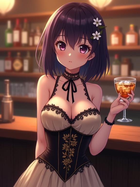 Scene in a cozy bar with a woman in anime style. She has dark violet hair and a flower hairpin. Her outfit is a satin top and skirt with lace details. She holds a glass with a beverage. The bar has a wooden counter and liquor bottles. The lighting is warm and inviting. The background is softly blurred.