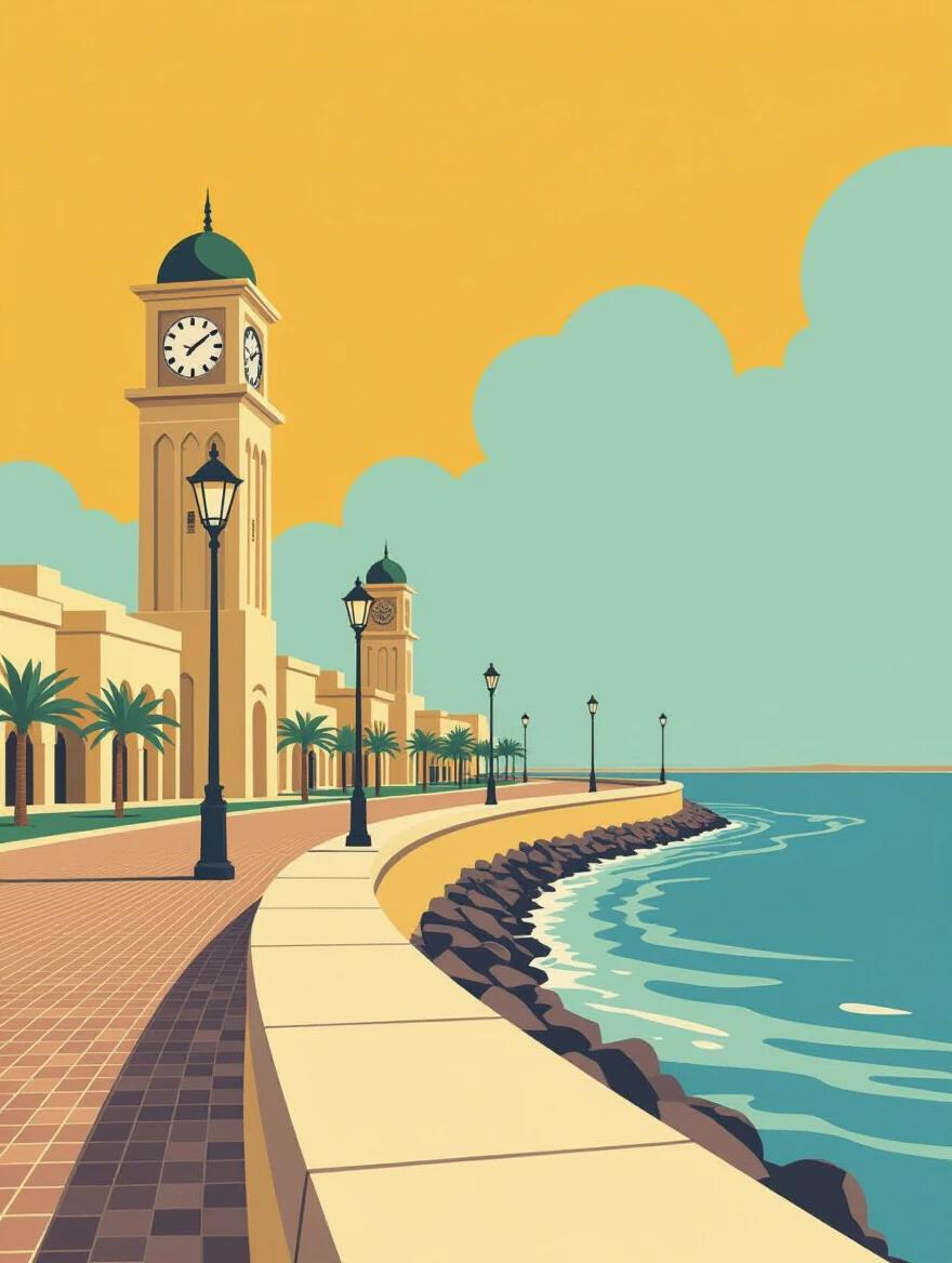 Minimalist graphic design showing Abu Dhabi Corniche with a prominent clock tower. The image features a clear blue sea beside the promenade. Strong lines give a structured look. Bright colors dominate the scene creating an inviting aura.