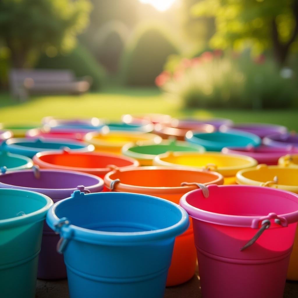 This image showcases a vibrant collection of buckets arranged in an outdoor setting. The buckets are painted in a variety of colors, including blue, pink, yellow, and green. They catch the warm sunlight, creating a cheerful and inviting atmosphere. This top-down view highlights the playful nature and potential uses of the buckets. The scene suggests a perfect environment for gardening or children's activities.