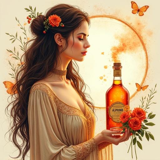 Modern Germanic goddess holding herbal liqueur in a stunning illustration. Cascading hair adorned with flowers. Semi-transparent dress drawing attention to the figure. Liqueur bottle 'ALFRUNO' glowing warmly. Cocktail glasses beside the bottle. Natural accents like roses and rosemary. Beiged abstract background with hints of fantasy and nostalgia.