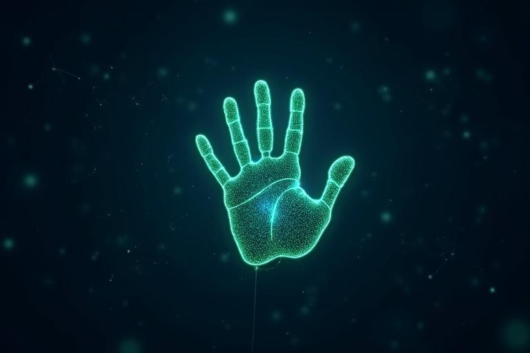 A dark blue starry background features a glowing handprint made of digital dots in green and blue hues. The handprint is surrounded by a network of interconnected nodes. Subtle light trails connect these nodes.