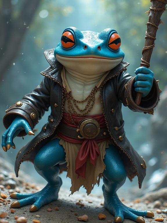 A humanoid blue frog with a white jaw in a dynamic pose wearing pirate clothes. The frog has a smug expression with half-closed eyes. Dressed like a pirate, this character holds a staff suggesting water magic. The style is semi-realistic and epic, inspired by Jason Chan.