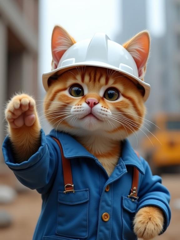 Realistic cat dressed as a construction worker wearing a white safety helmet and blue work uniform stands on a construction site.